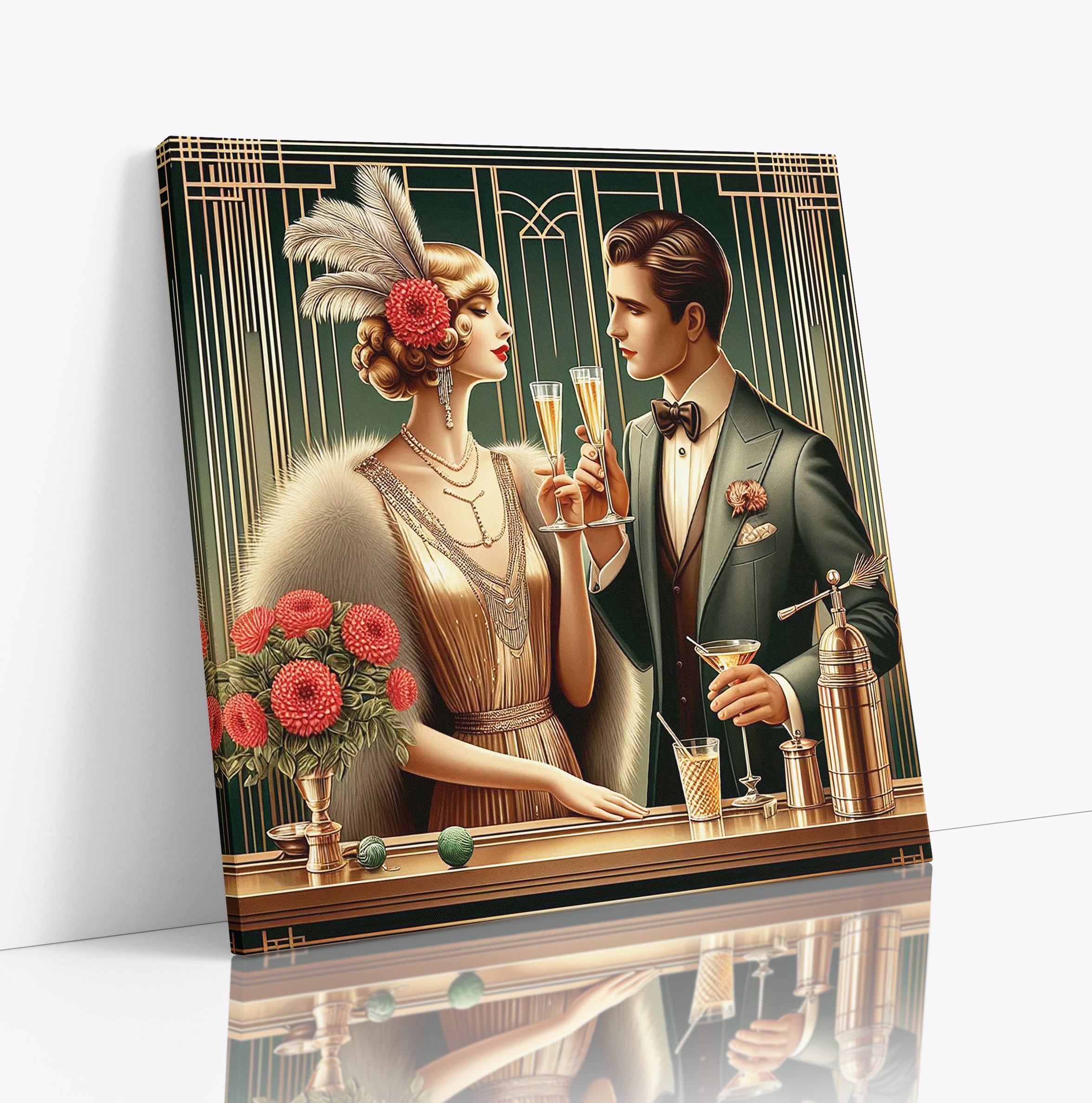 Art Deco Couple Drinking Square Canvas Print Wall Art