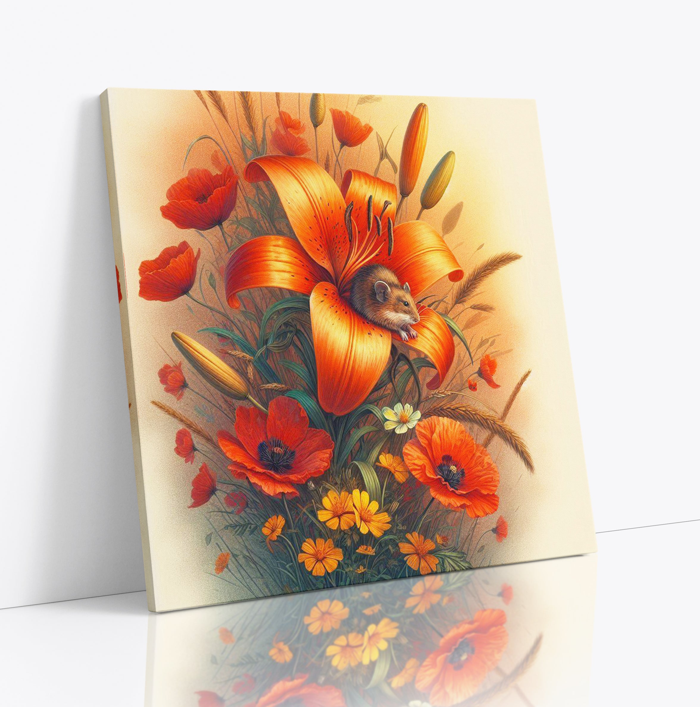 Flowers and Field Mouse Floral Canvas Wall Art Print