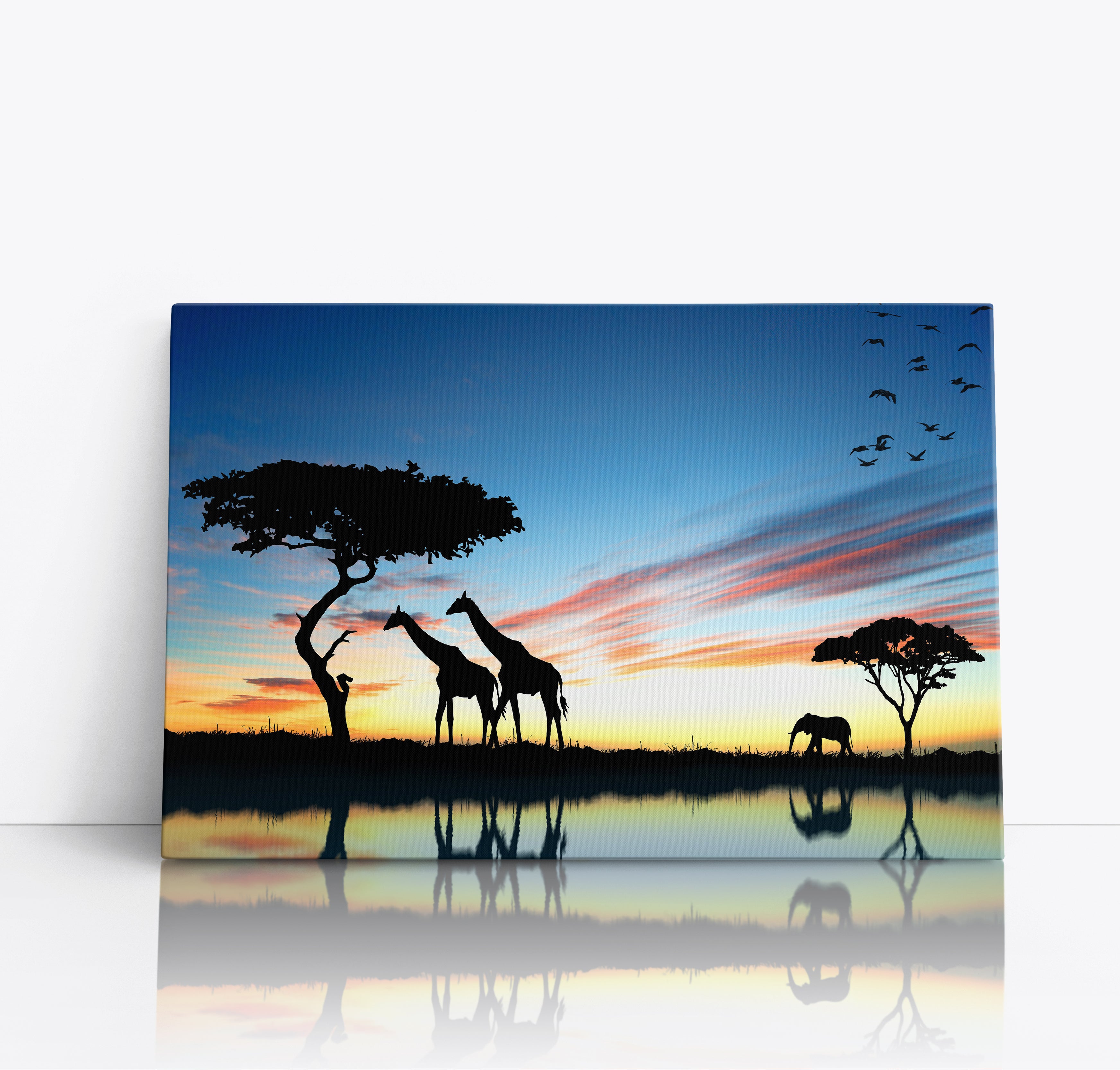 Giraffe Silhouettes African Sunset Landscape Wall Art