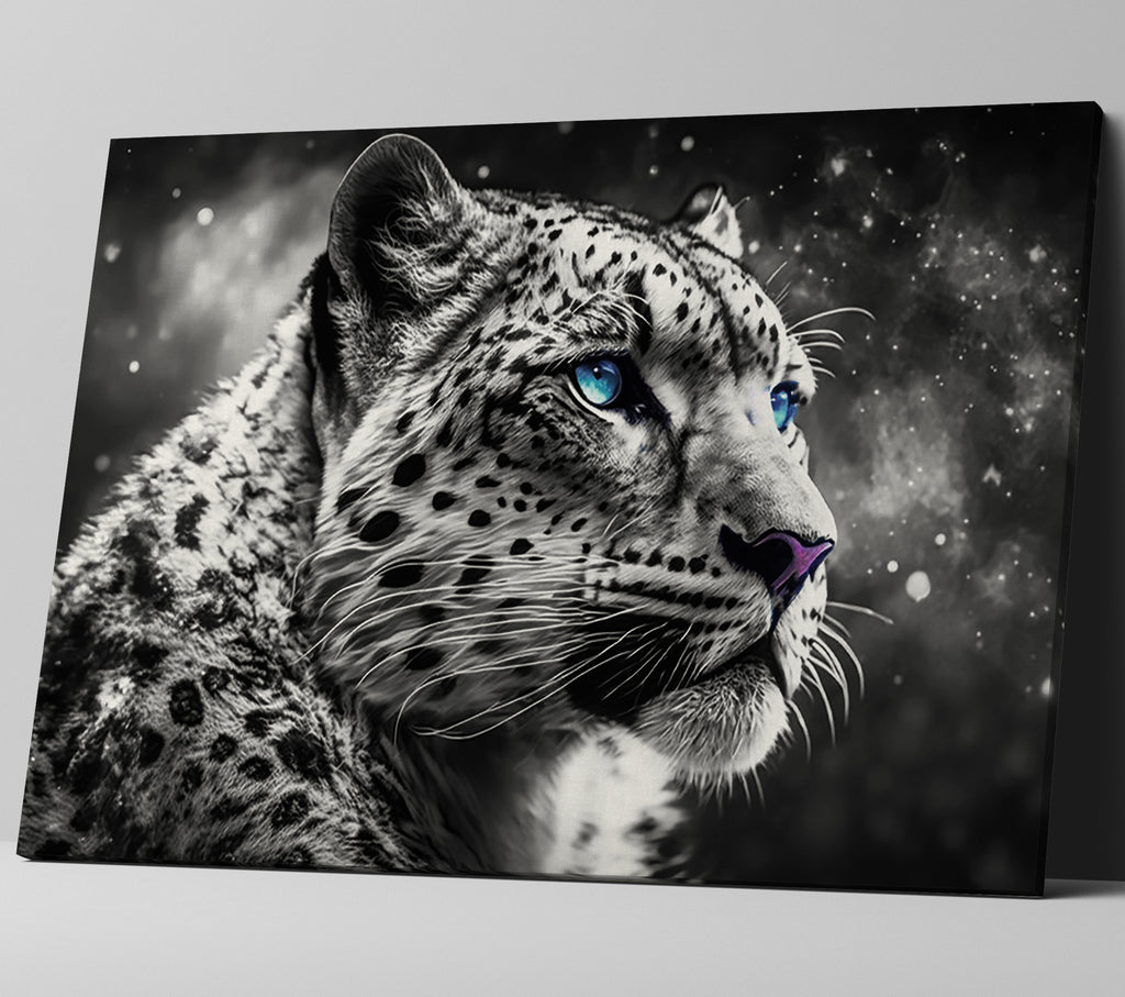 Black and White Big Cat Snow Leopard Face Wall Art Canvas Print