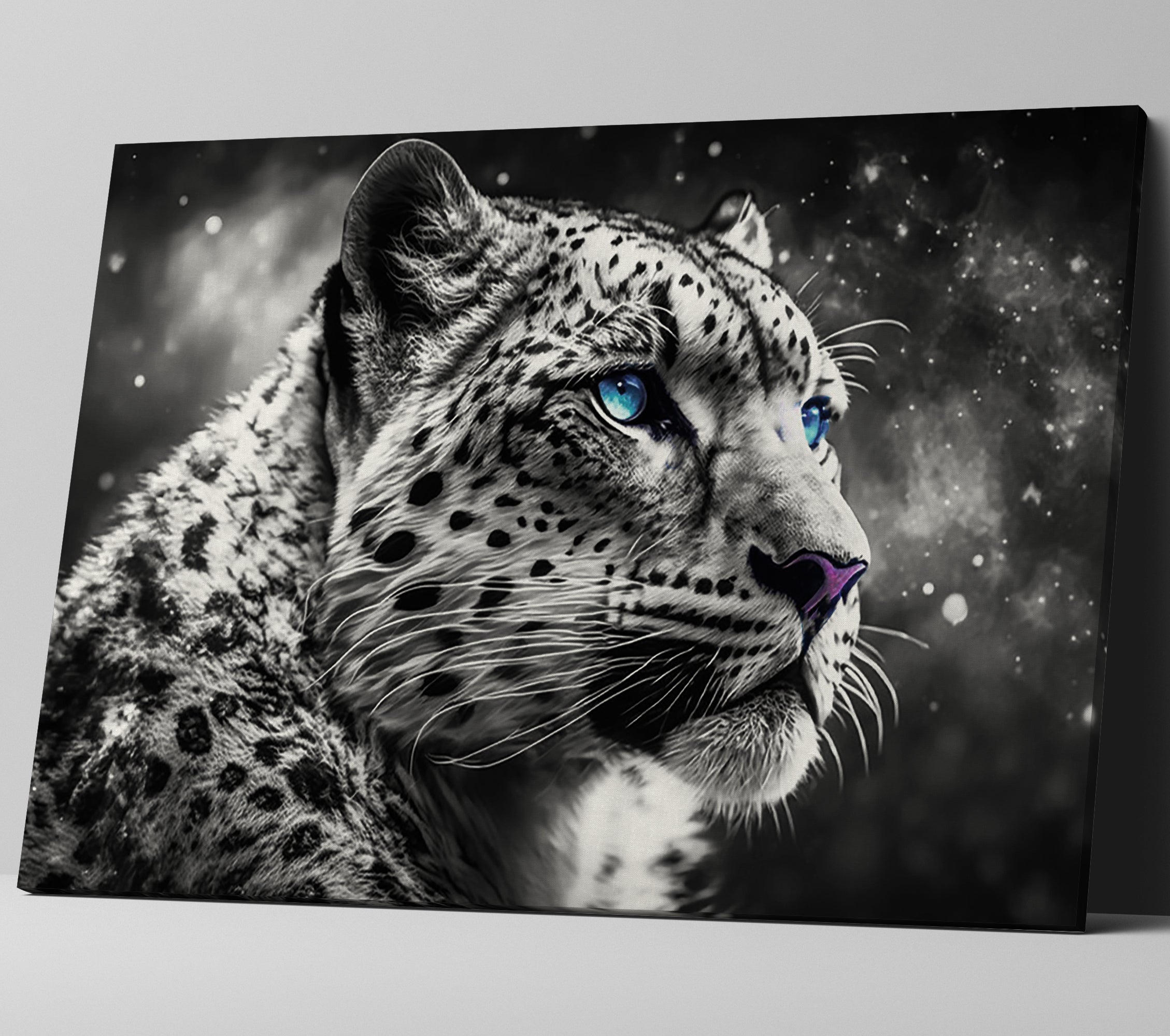Black and White Big Cat Snow Leopard Face Wall Art Canvas Print