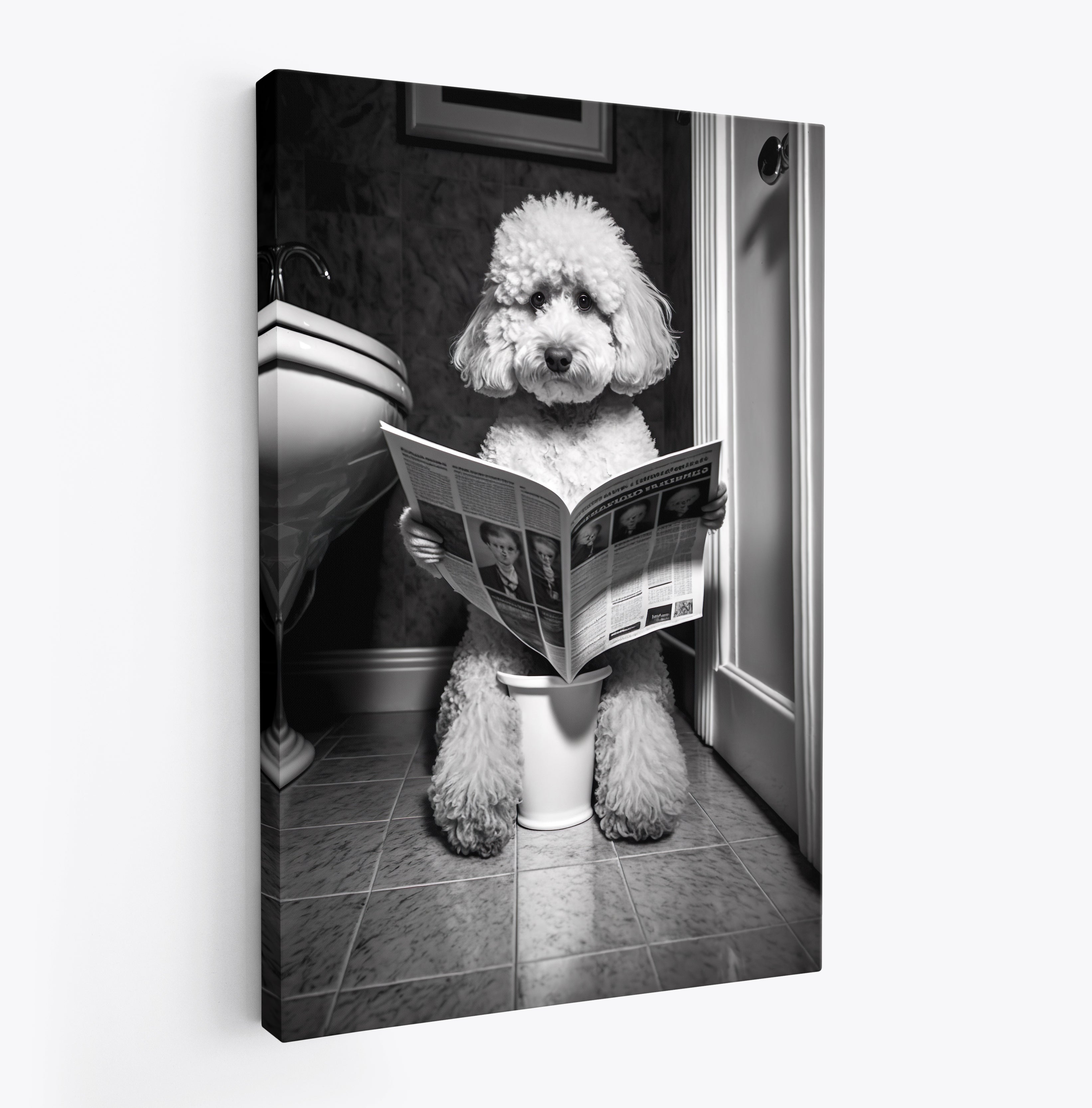 Poodle Dog Reading Newspaper On Toilet Bathroom Wall Art