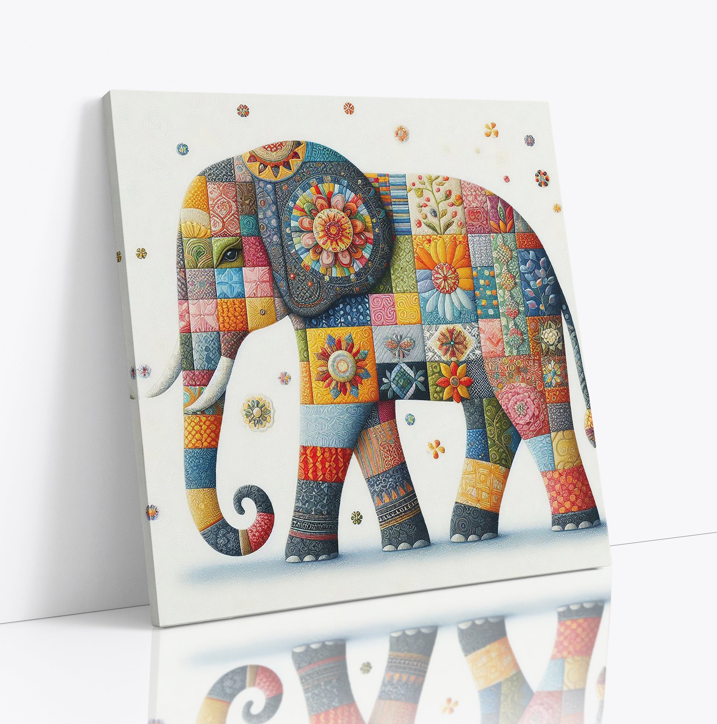 Colourful Patchwork Elephant Square Canvas Print Wall Art or Poster Print