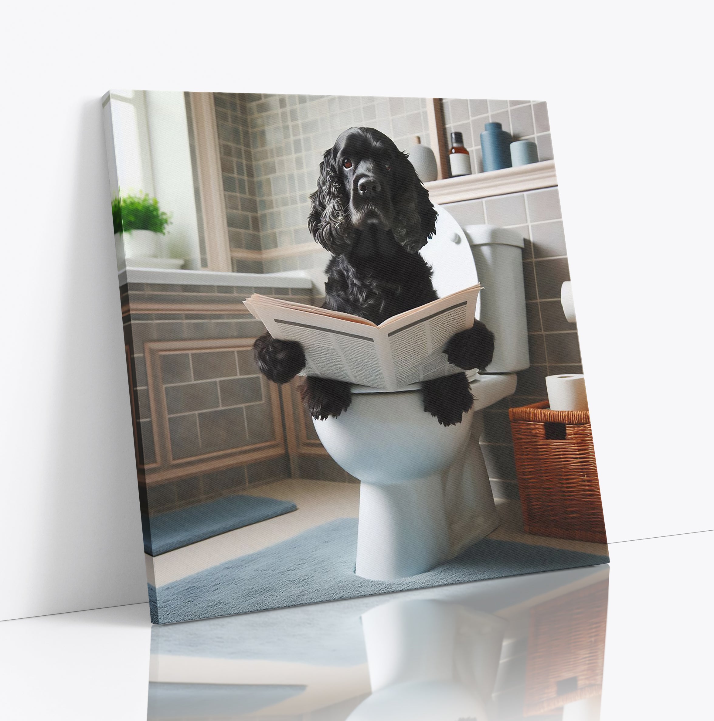 Black Cocker Spaniel Sat On Toilet Reading Paper Wall Art Print