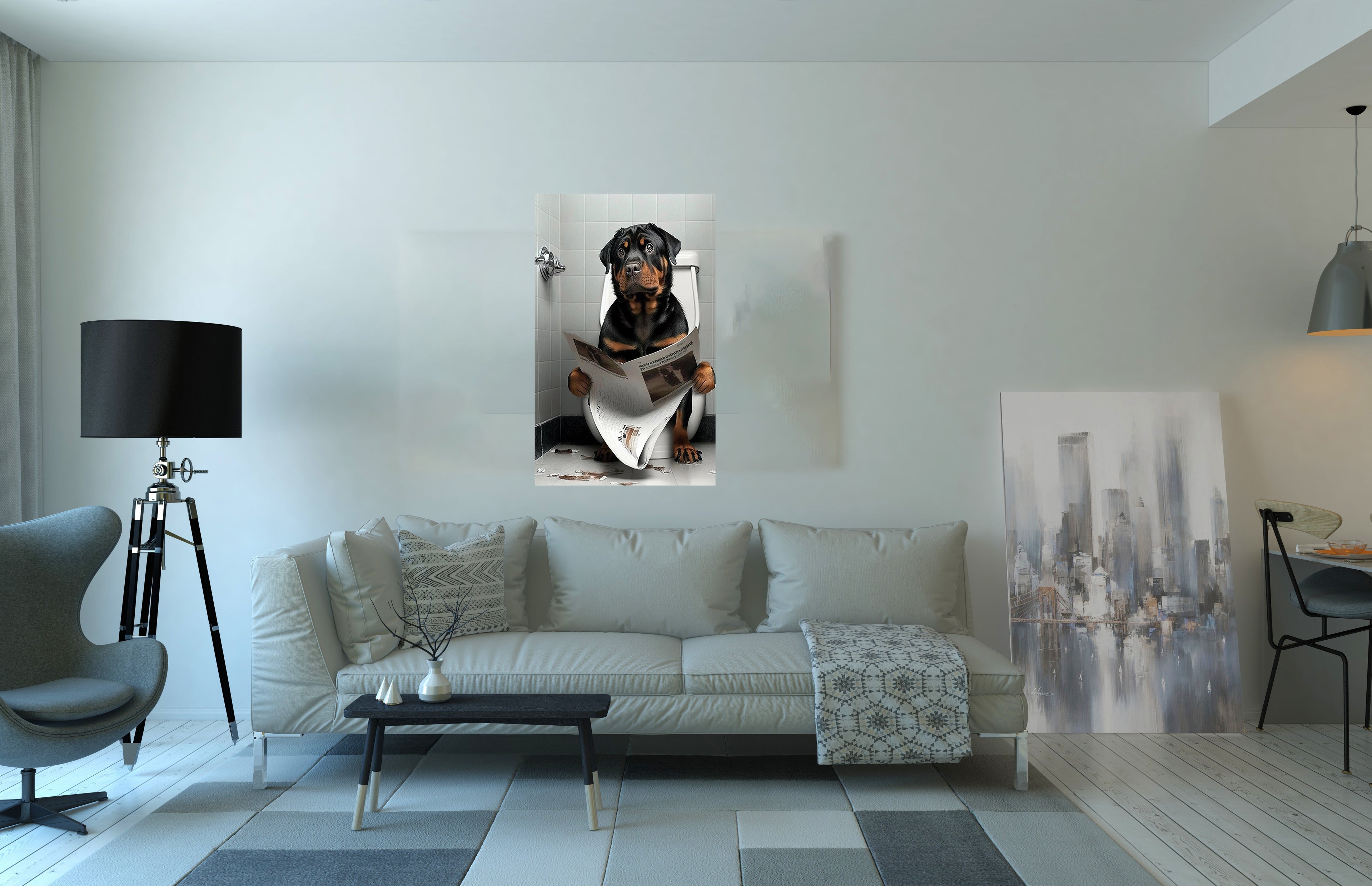 Rottweiler Dog Reading Paper On Toilet Funny Canvas Print Wall Art Décor
