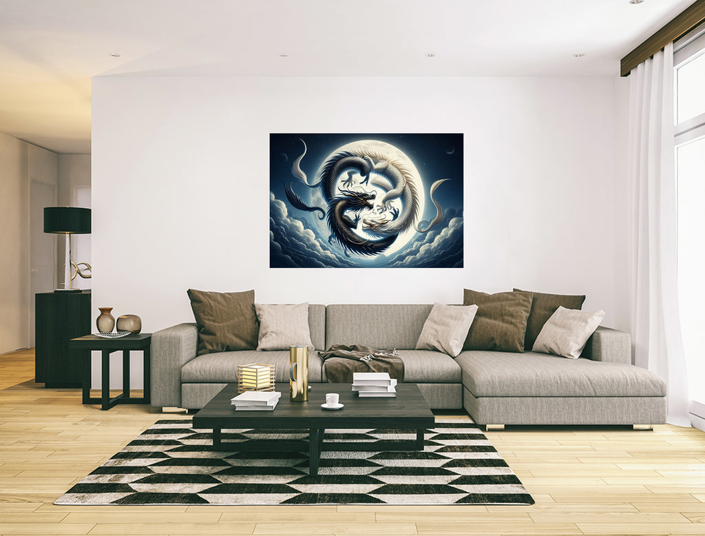Ying Yang Dragons Fantasy Landscape Canvas Print Wall Art Picture or Poster Print