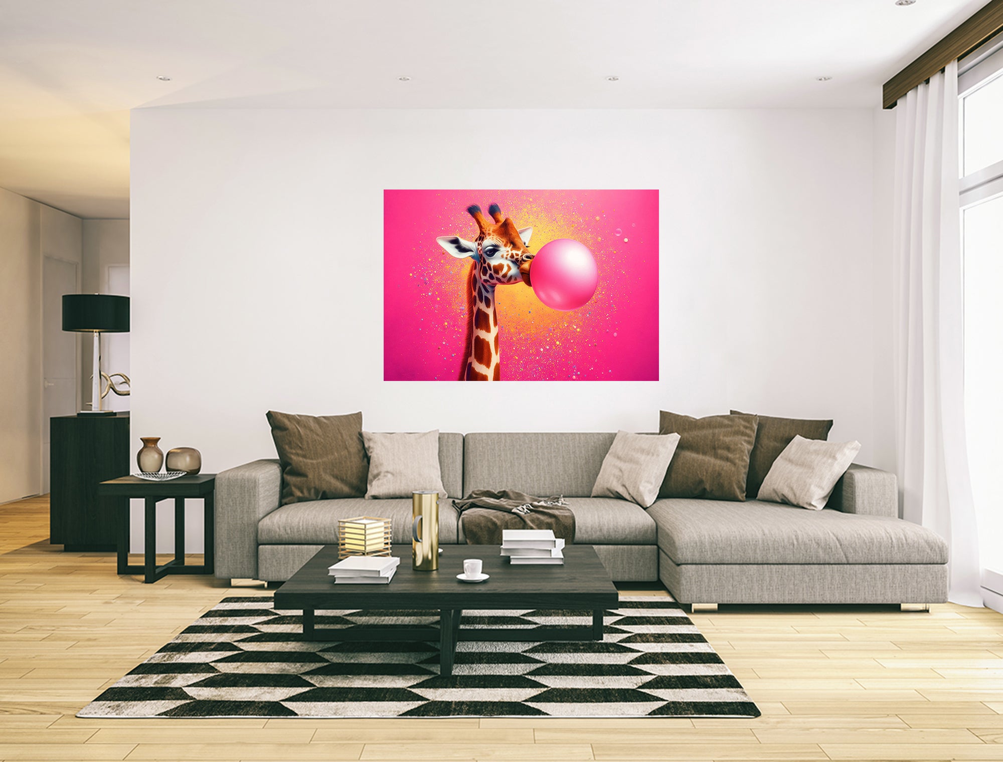 Giraffe Blowing Pink Bubble Gum Canvas Print Wall Art