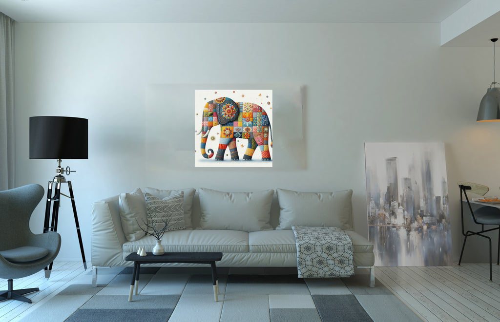 Colourful Patchwork Elephant Square Canvas Print Wall Art or Poster Print