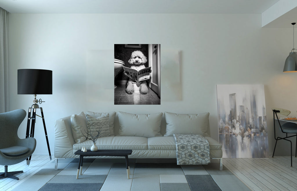 Poodle Dog Reading Newspaper On Toilet Bathroom Wall Art