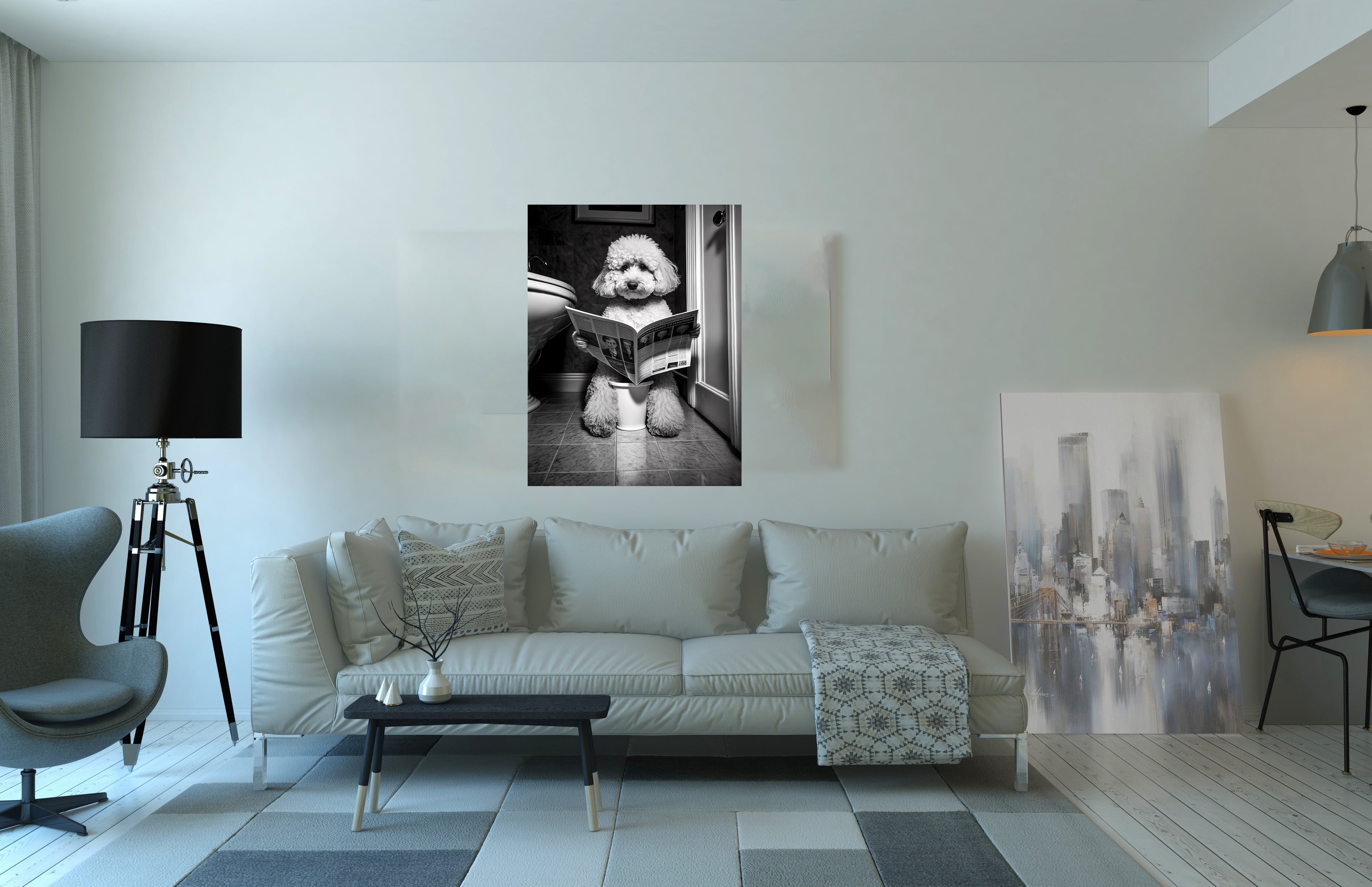 Poodle Dog Reading Newspaper On Toilet Bathroom Wall Art