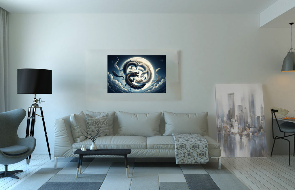 Ying Yang Dragons Fantasy Landscape Canvas Print Wall Art Picture or Poster Print