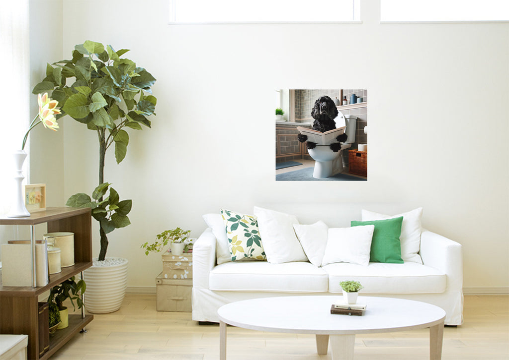 Black Cocker Spaniel Sat On Toilet Reading Paper Wall Art Print