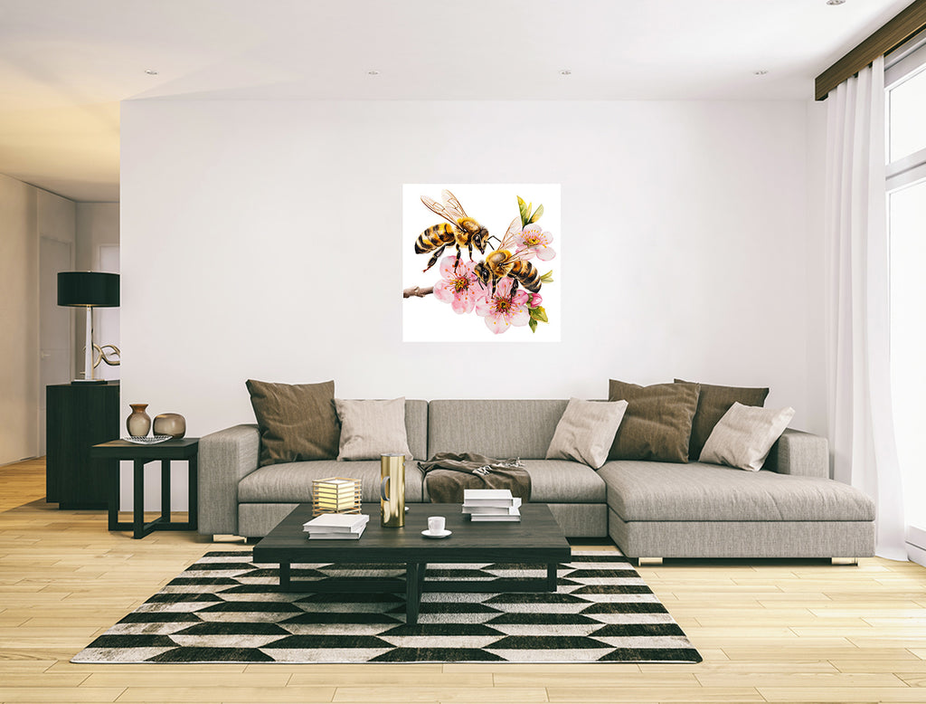 Honey Bees On Cherry Blossom Nature Canvas Wall Art Print