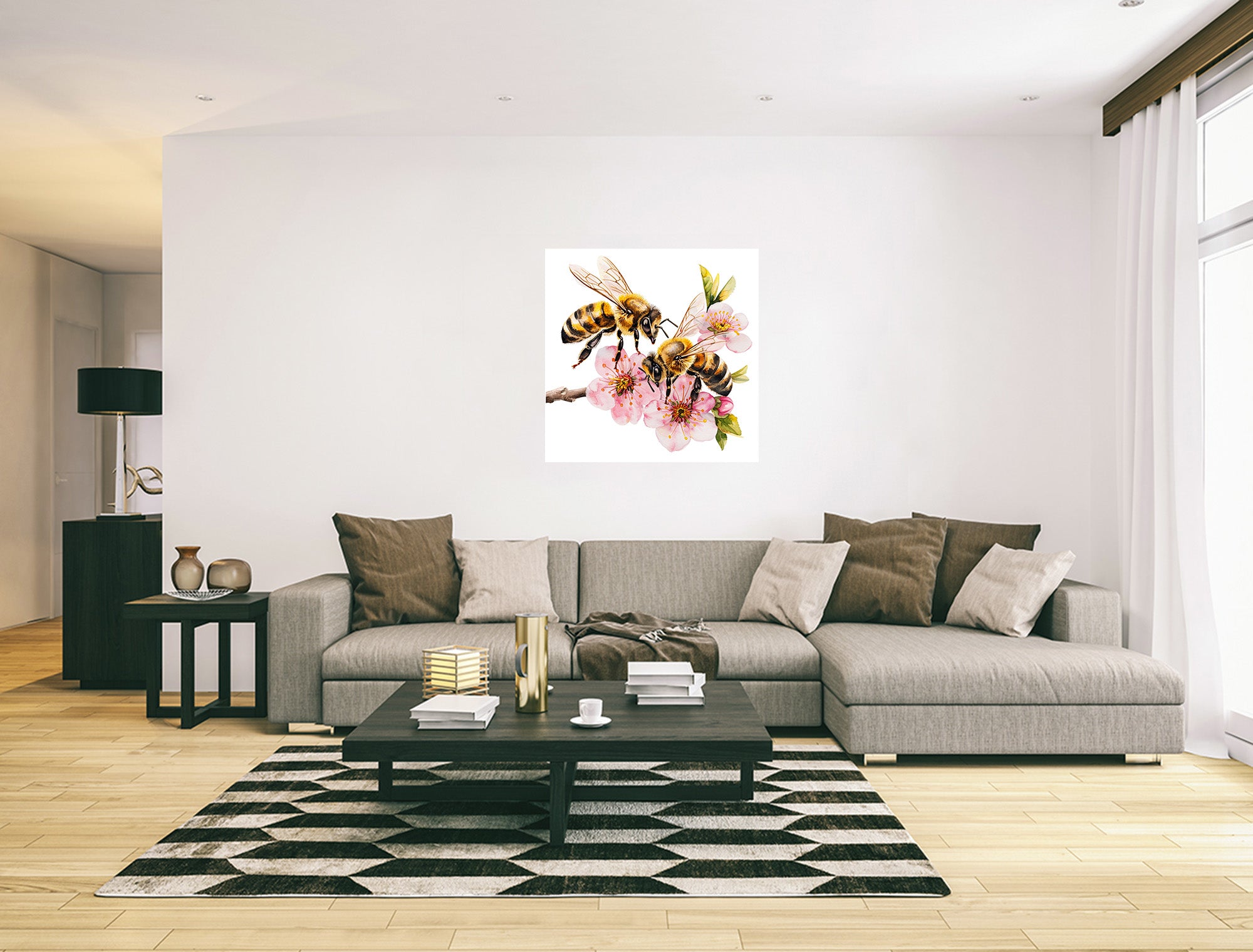 Honey Bees On Cherry Blossom Nature Canvas Wall Art Print