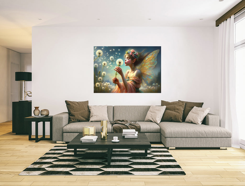 Fantasy Fairy Blowing a Dandelion Wall Art Canvas Print