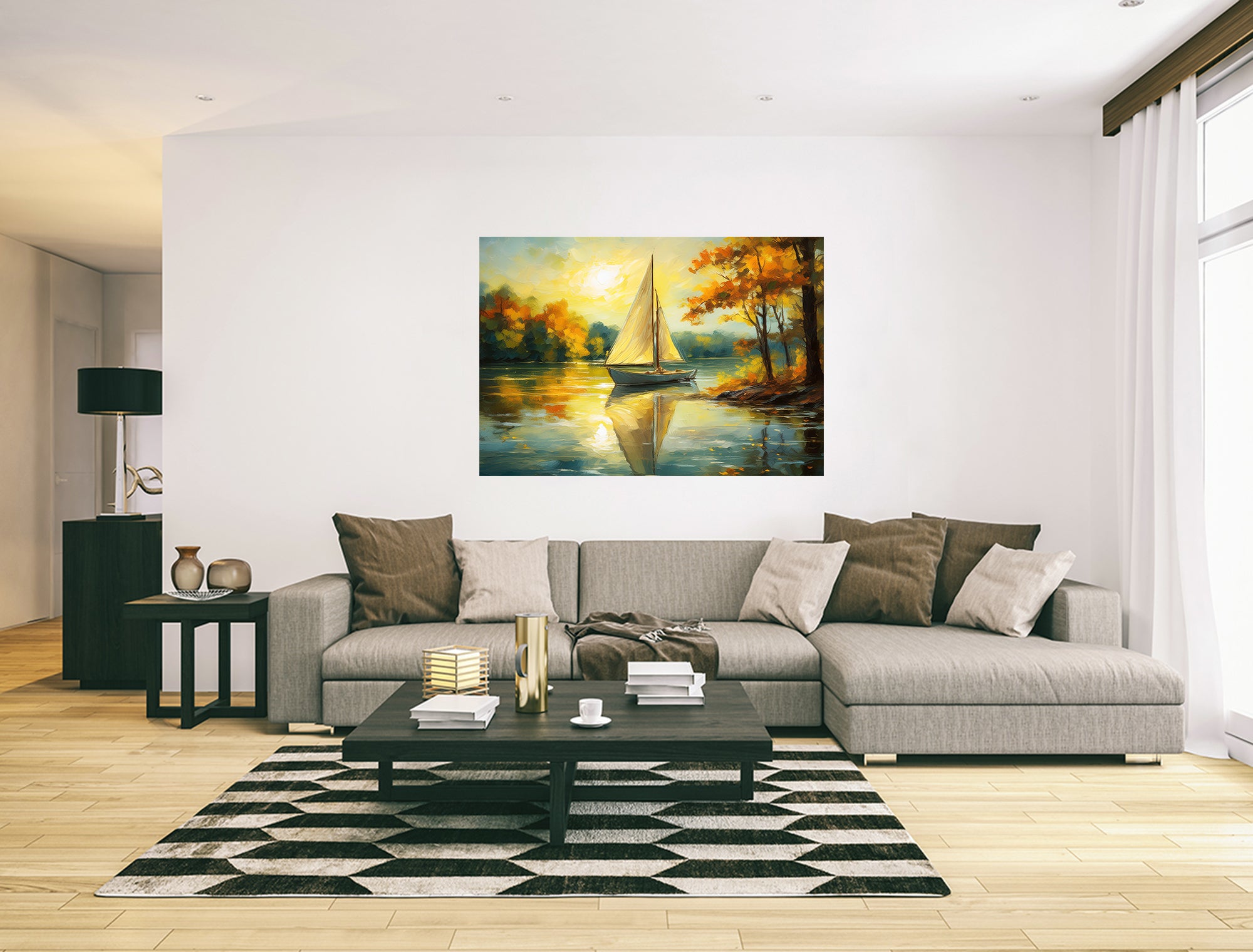 Scenic Sail Boat On Lake Canvas Print Wall Art