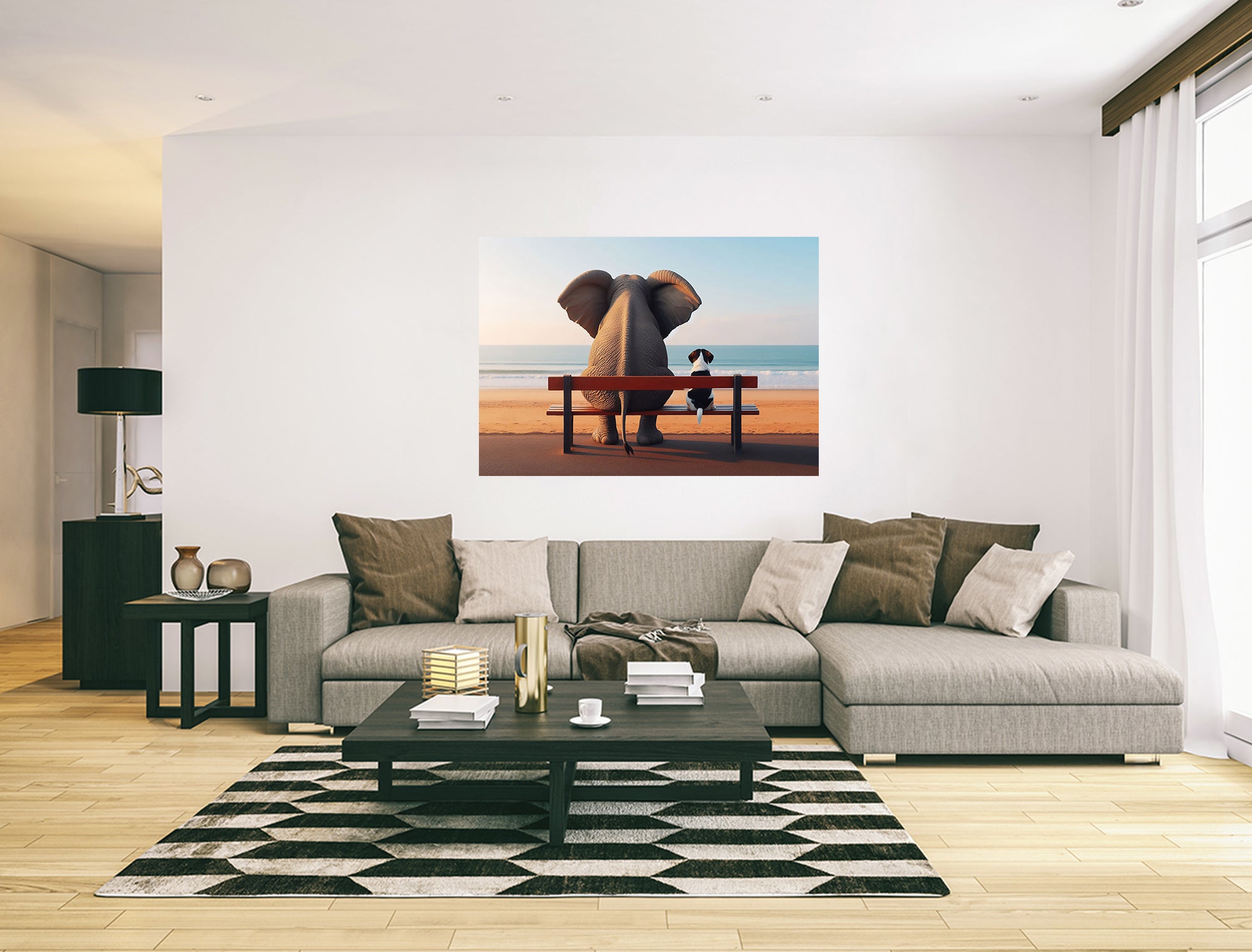Elephant and Dog Sat At The Beach Canvas Print Wall Art