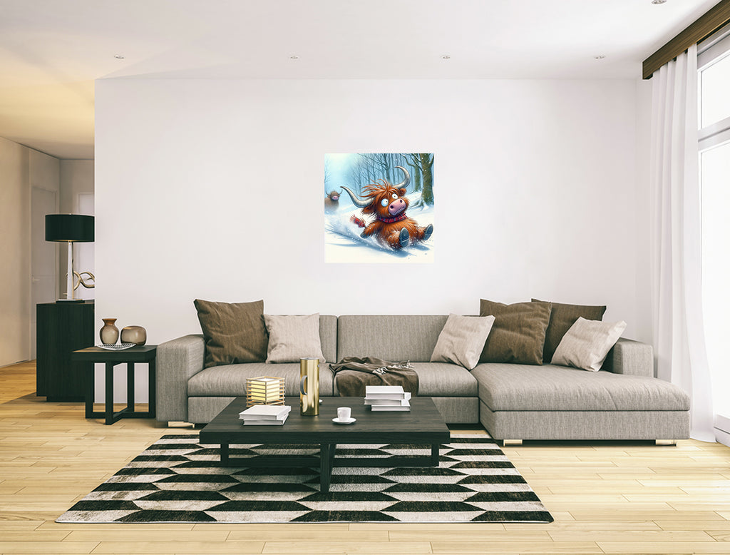 Highland Cow Playing In The Snow Canvas Wall Art Print