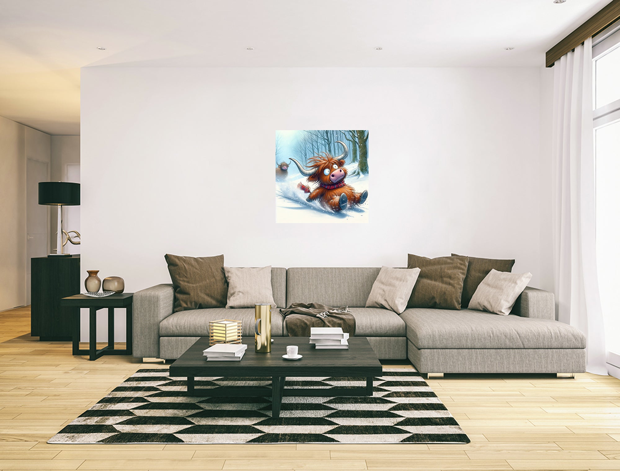 Highland Cow Playing In The Snow Canvas Wall Art Print