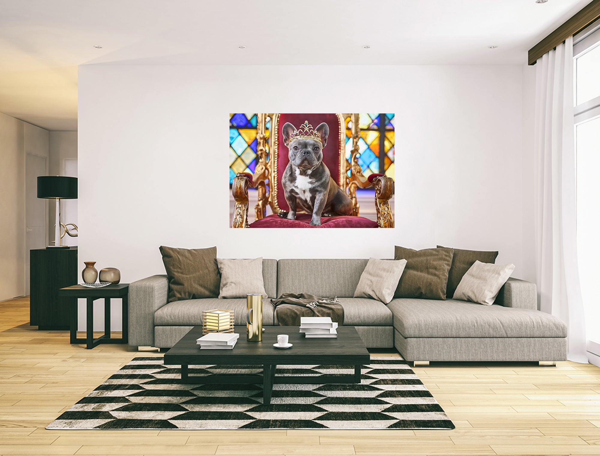 French Bulldog Sat on Throne Wearing a Crown Canvas Wall Art Print