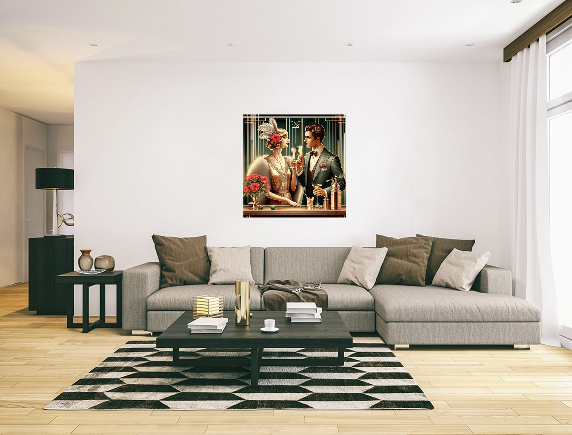 Art Deco Couple Drinking Square Canvas Print Wall Art