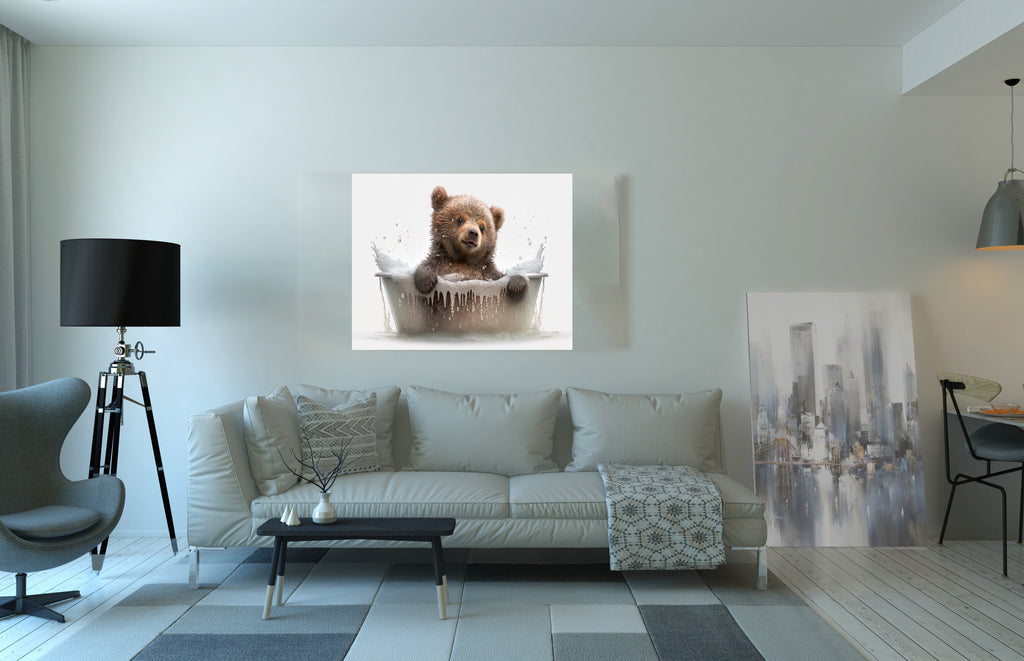 Cute Bear Cub In A Bubble Bath Canvas Print Wall Art