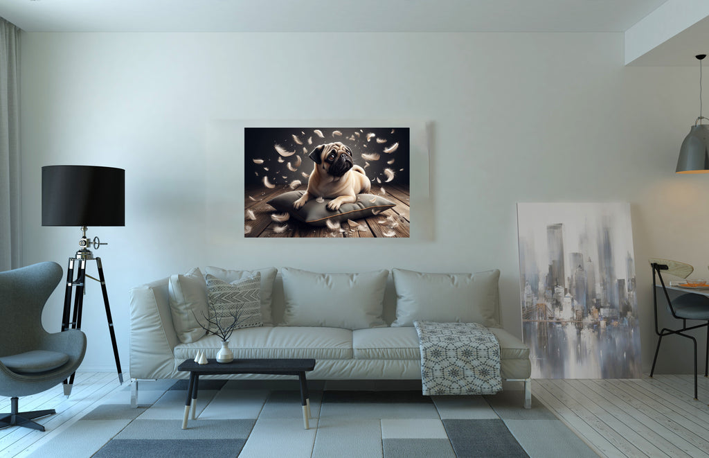 Cute Pug Dog Sat On Cushion Canvas Print Wall Art