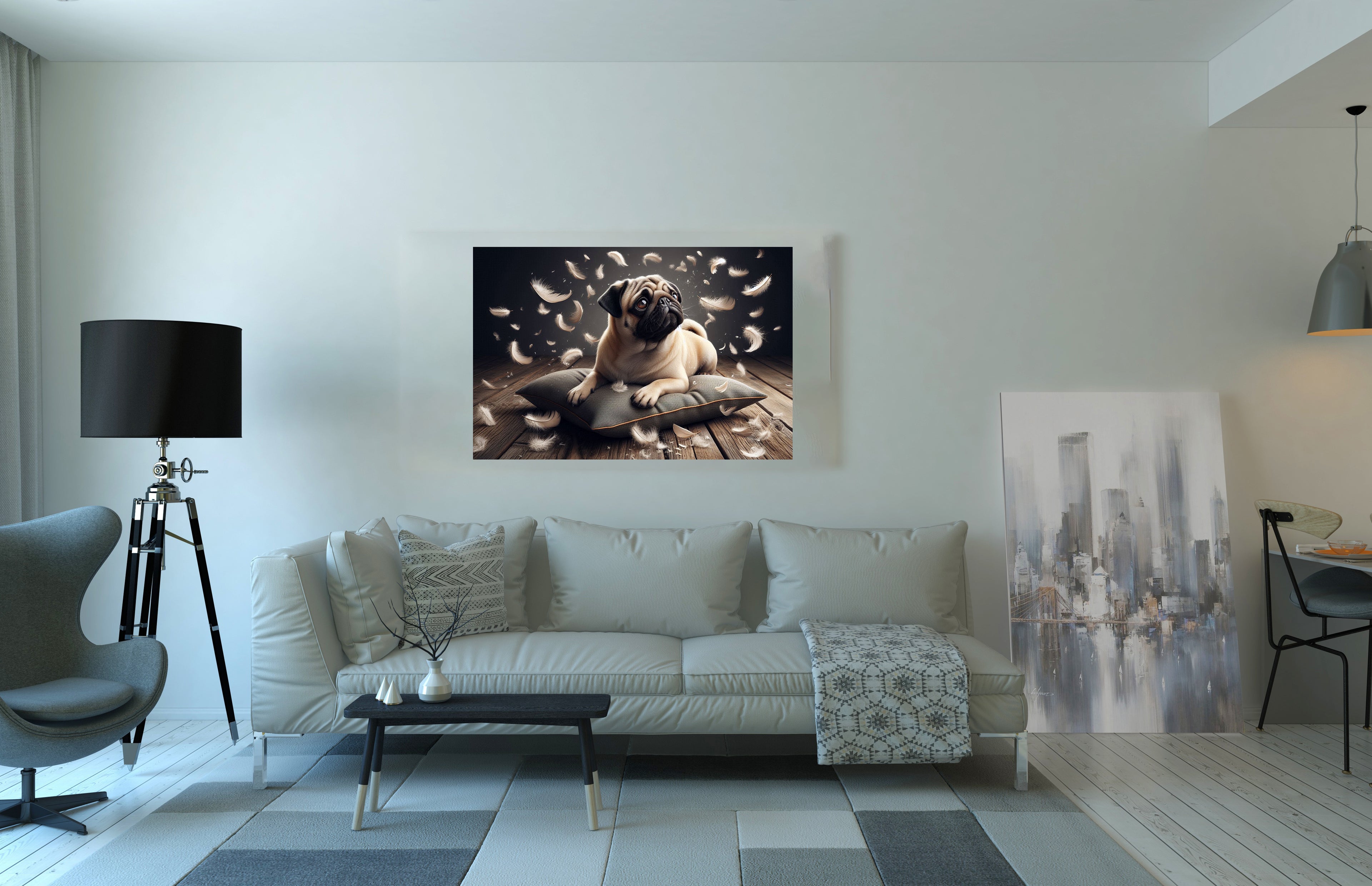 Cute Pug Dog Sat On Cushion Canvas Print Wall Art
