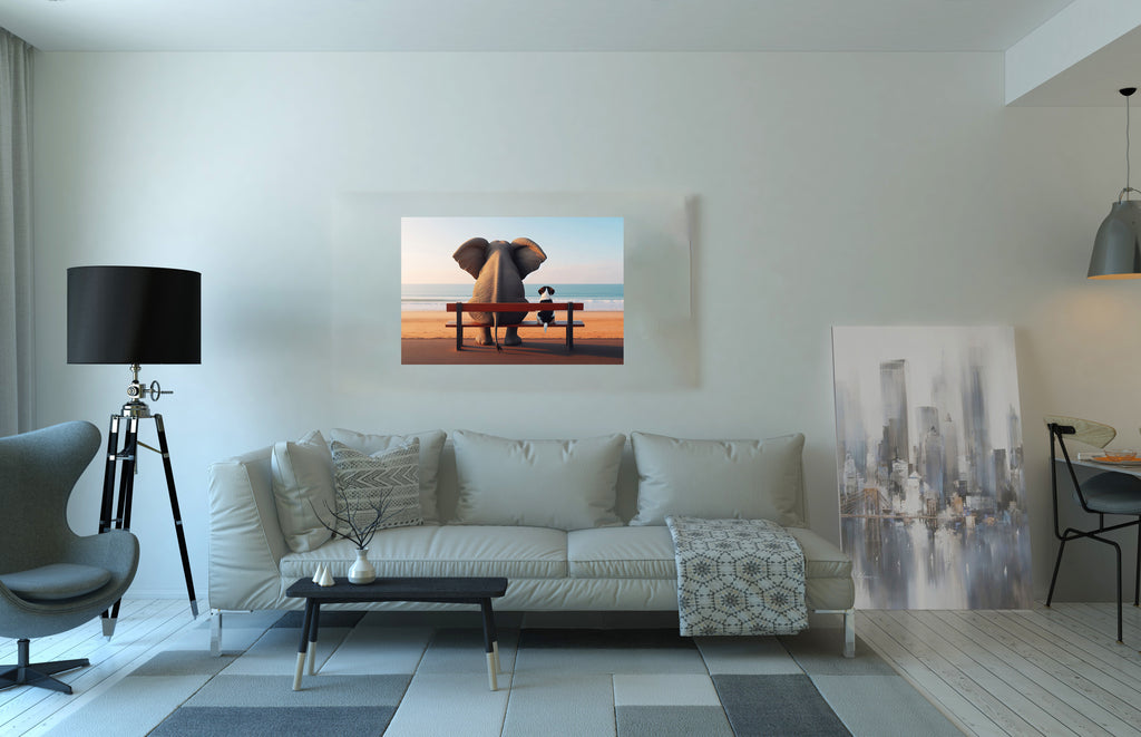 Elephant and Dog Sat At The Beach Canvas Print Wall Art