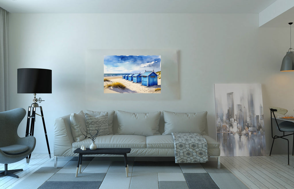 Blue Beach Huts Seaside Landscape Wall Art
