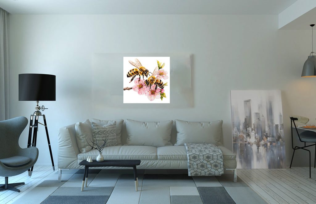 Honey Bees On Cherry Blossom Nature Canvas Wall Art Print