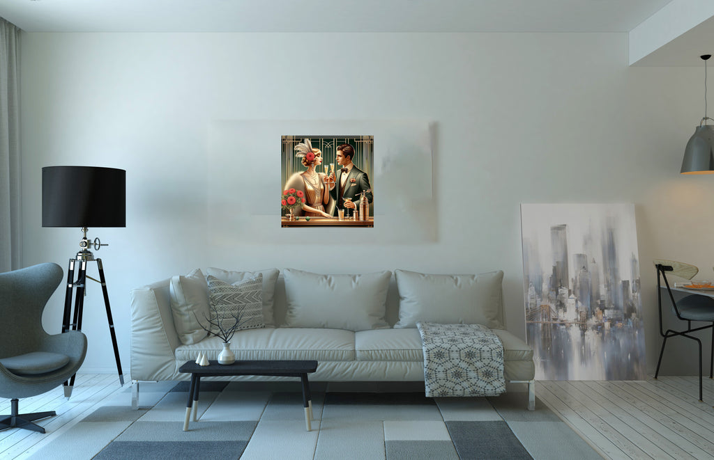 Art Deco Couple Drinking Square Canvas Print Wall Art