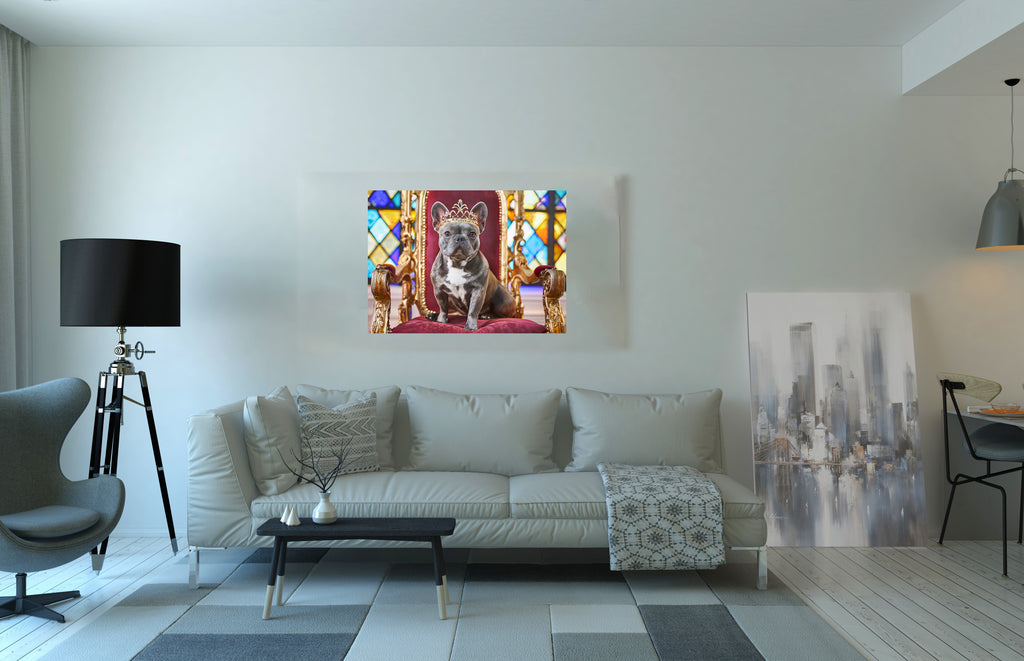 French Bulldog Sat on Throne Wearing a Crown Canvas Wall Art Print
