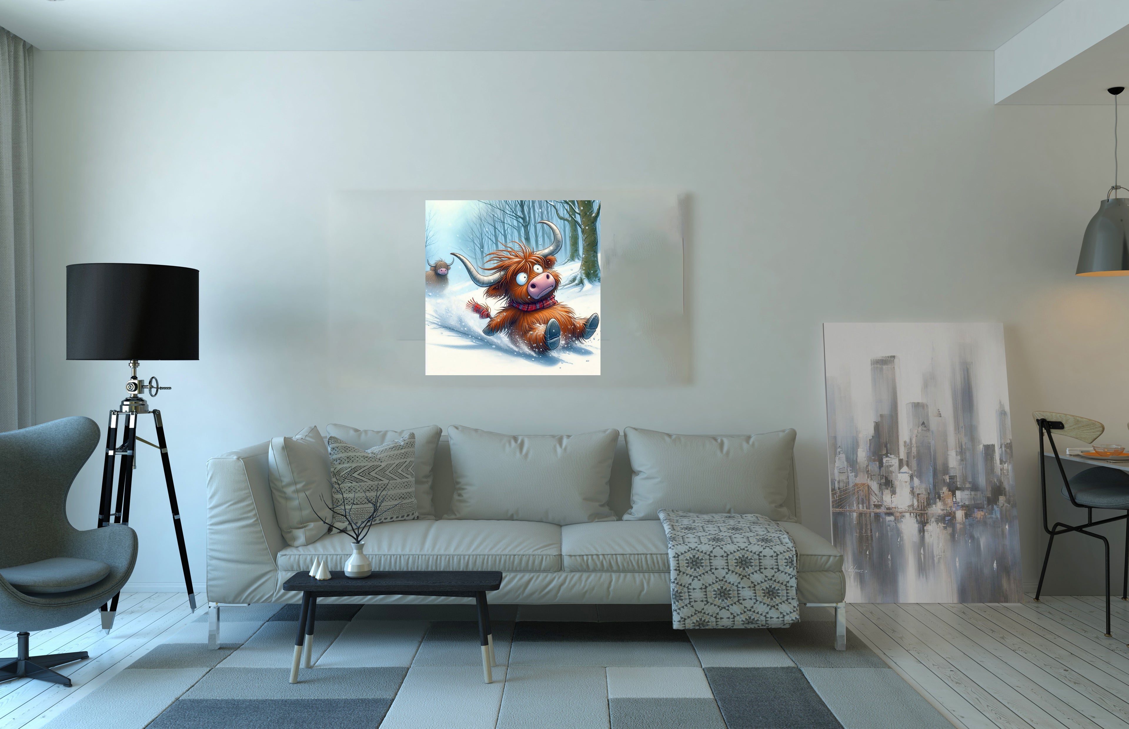Highland Cow Playing In The Snow Canvas Wall Art Print