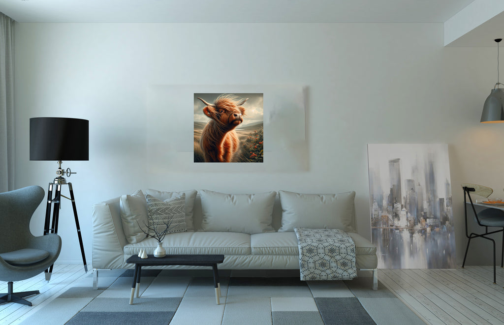 Scottish Highland Cow Scenic Square Canvas Print Wall Art