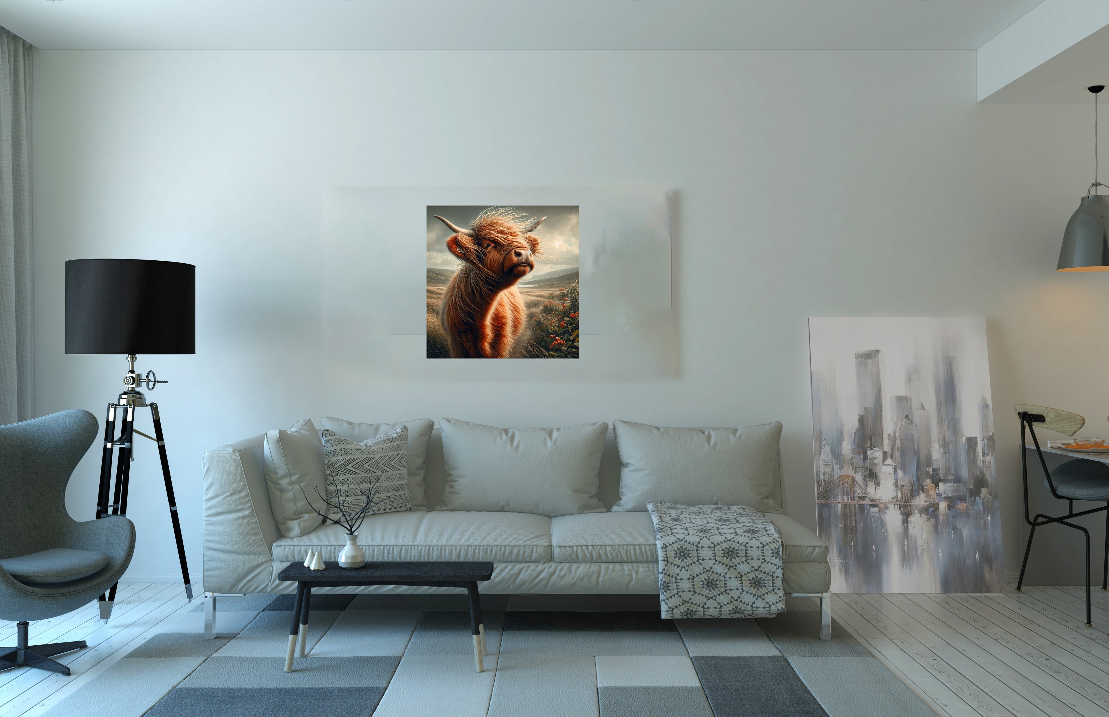 Scottish Highland Cow Scenic Square Canvas Print Wall Art
