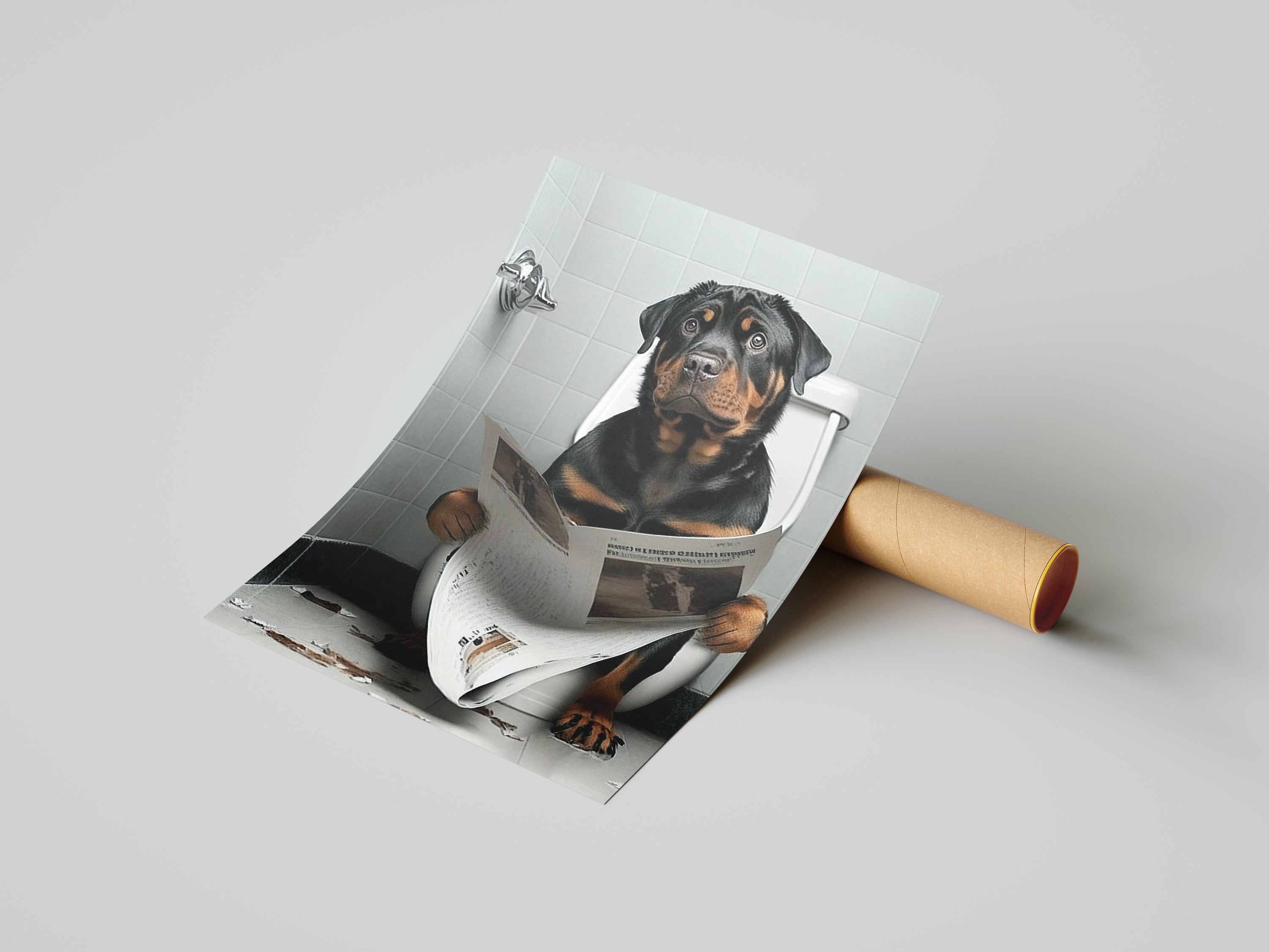 Rottweiler Dog Reading Paper On Toilet Funny Canvas Print Wall Art Décor