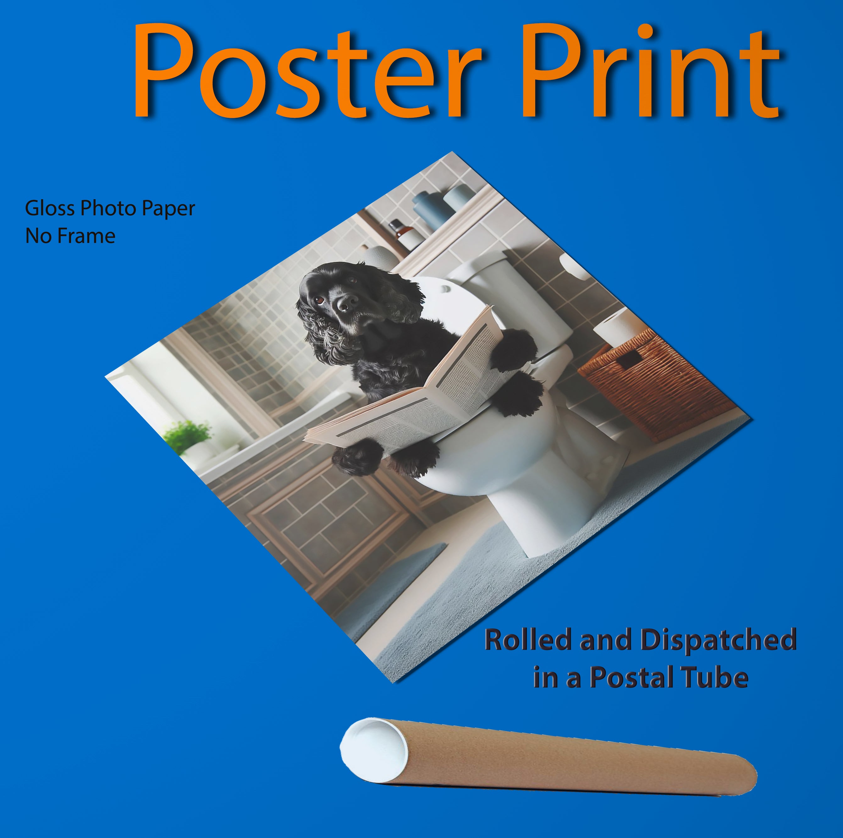 Black Cocker Spaniel Sat On Toilet Reading Paper Wall Art Print