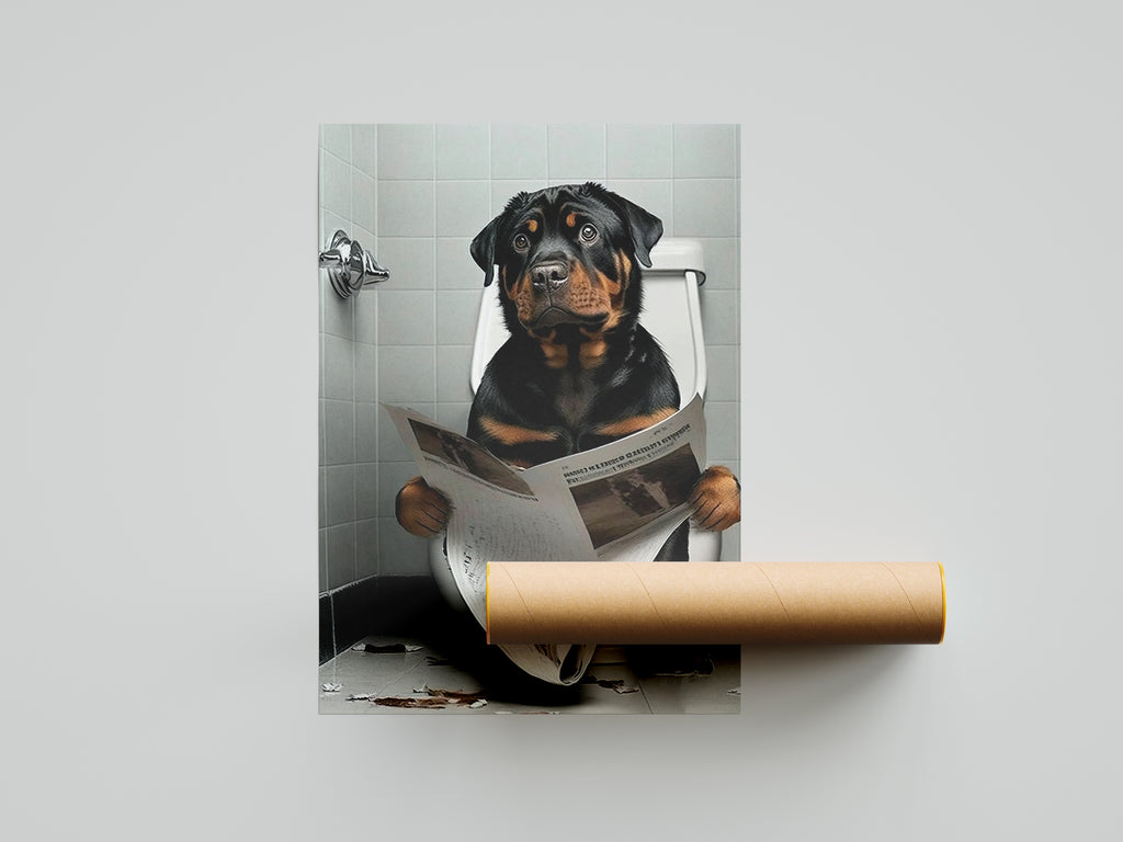 Rottweiler Dog Reading Paper On Toilet Funny Canvas Print Wall Art Décor