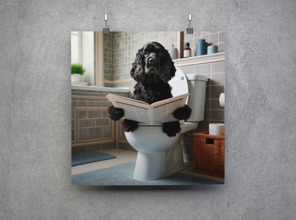 Black Cocker Spaniel Sat On Toilet Reading Paper Wall Art Print