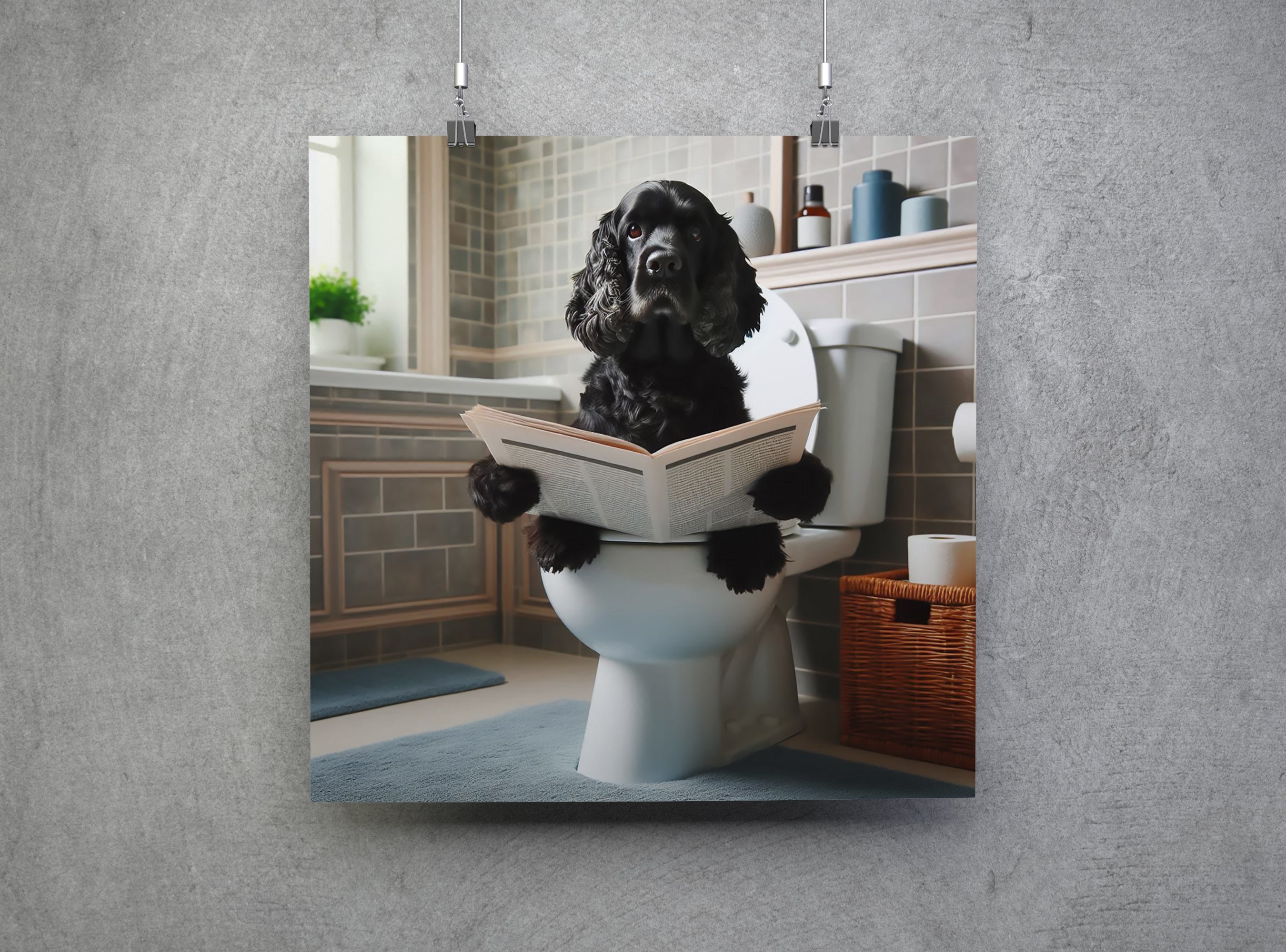 Black Cocker Spaniel Sat On Toilet Reading Paper Wall Art Print
