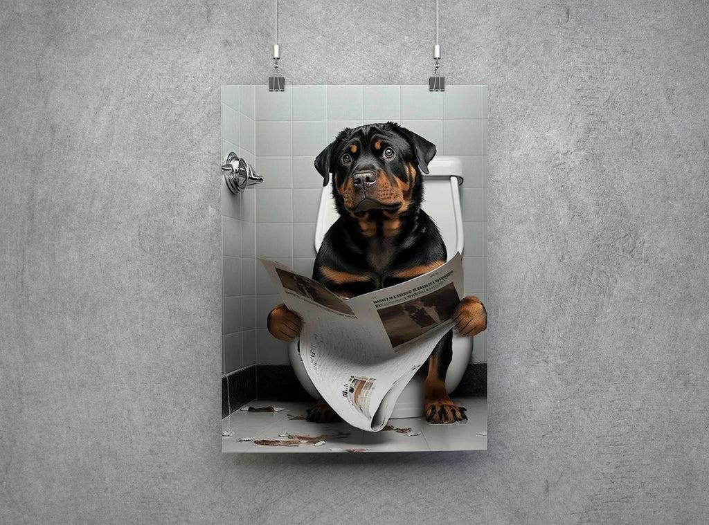 Rottweiler Dog Reading Paper On Toilet Funny Canvas Print Wall Art Décor