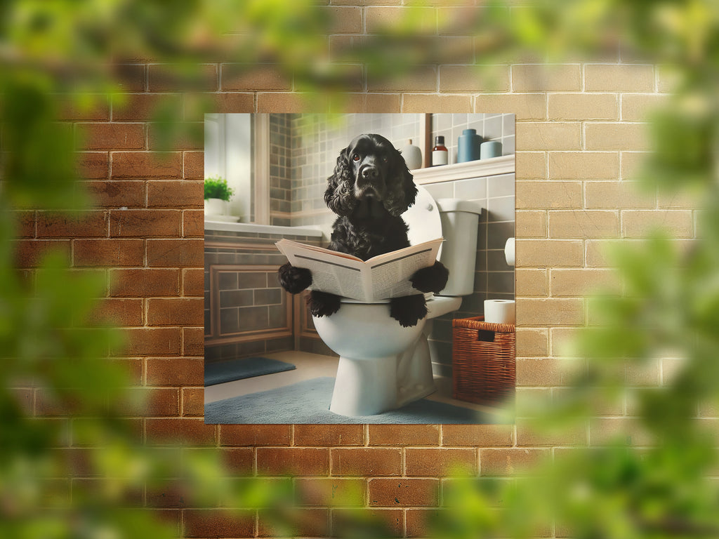 Black Cocker Spaniel Sat On Toilet Reading Paper Wall Art Print