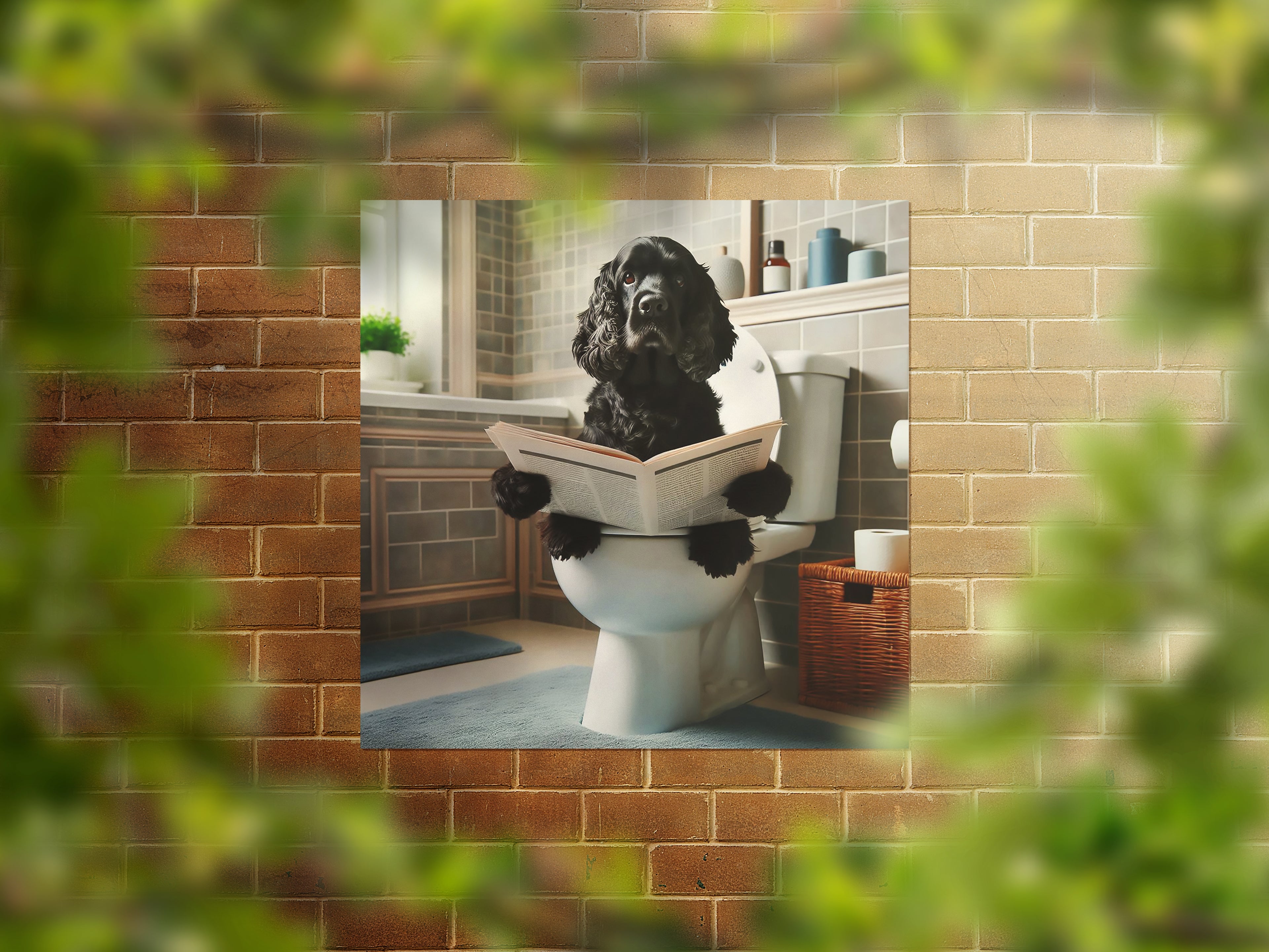 Black Cocker Spaniel Sat On Toilet Reading Paper Wall Art Print