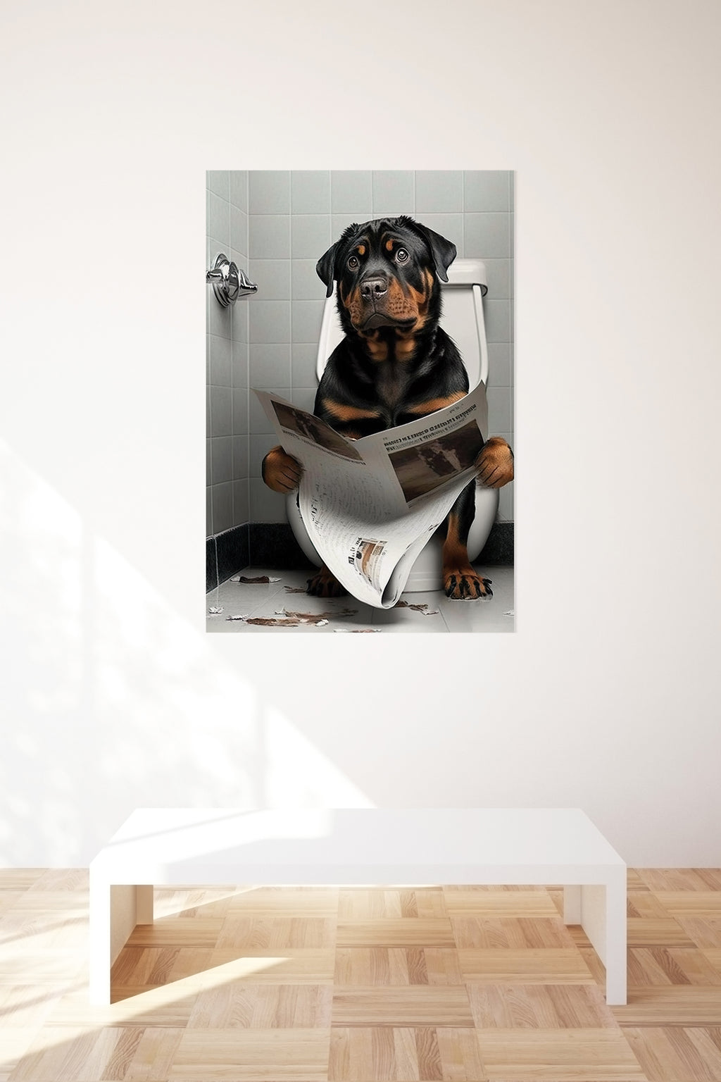 Rottweiler Dog Reading Paper On Toilet Funny Canvas Print Wall Art Décor