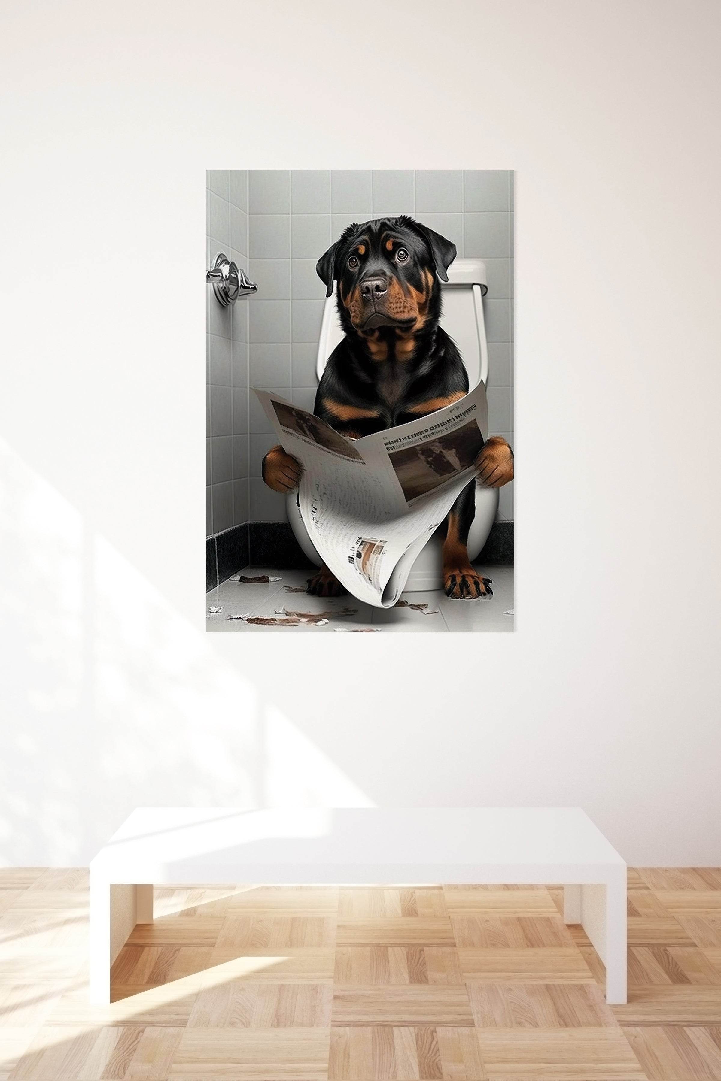 Rottweiler Dog Reading Paper On Toilet Funny Canvas Print Wall Art Décor