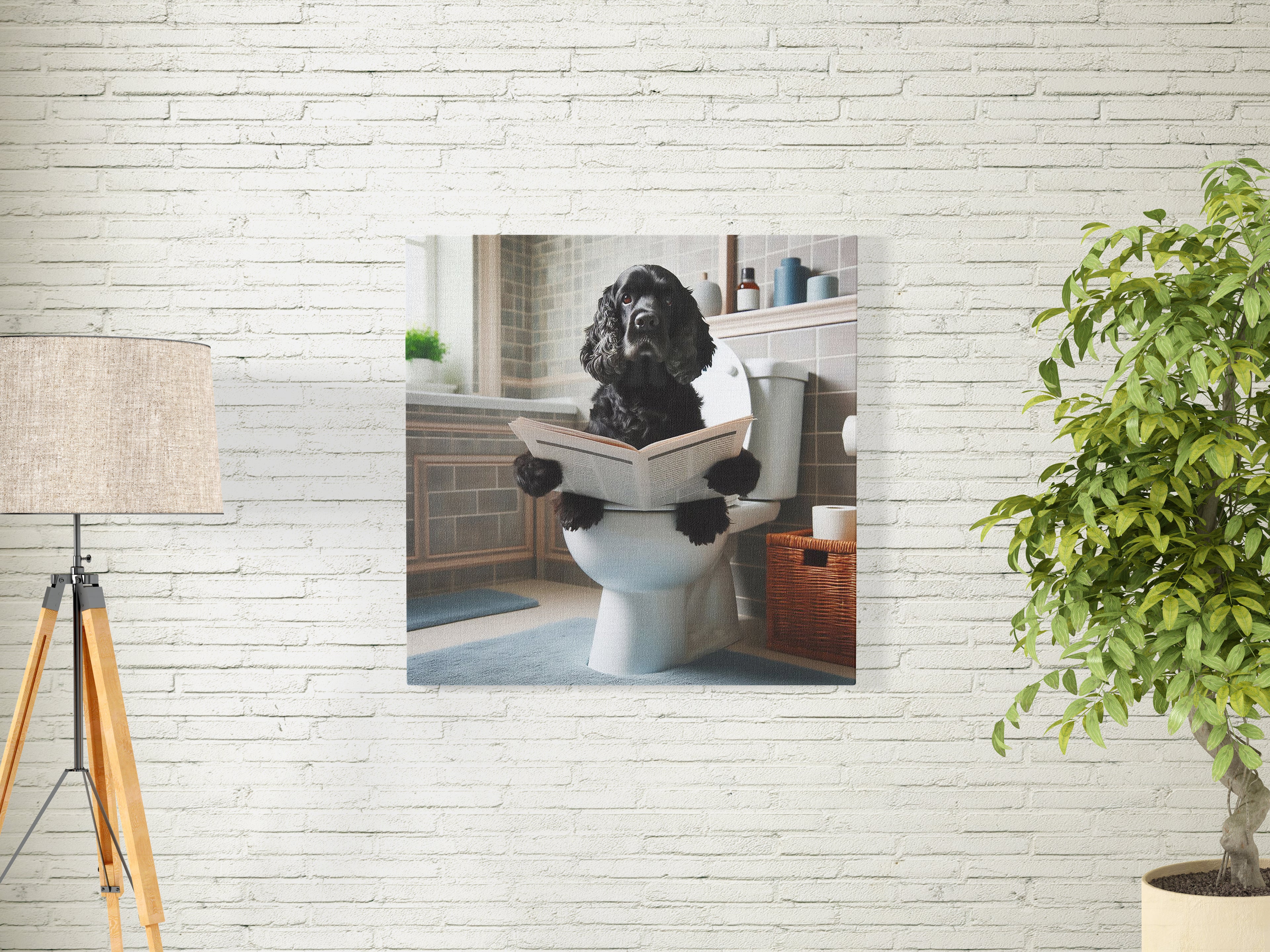 Black Cocker Spaniel Sat On Toilet Reading Paper Wall Art Print
