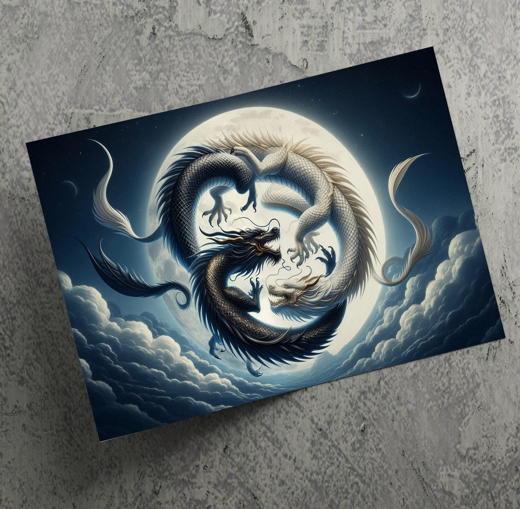Ying Yang Dragons Fantasy Landscape Canvas Print Wall Art Picture or Poster Print