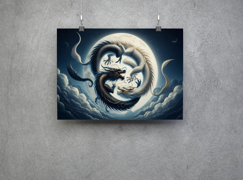 Ying Yang Dragons Fantasy Landscape Canvas Print Wall Art Picture or Poster Print