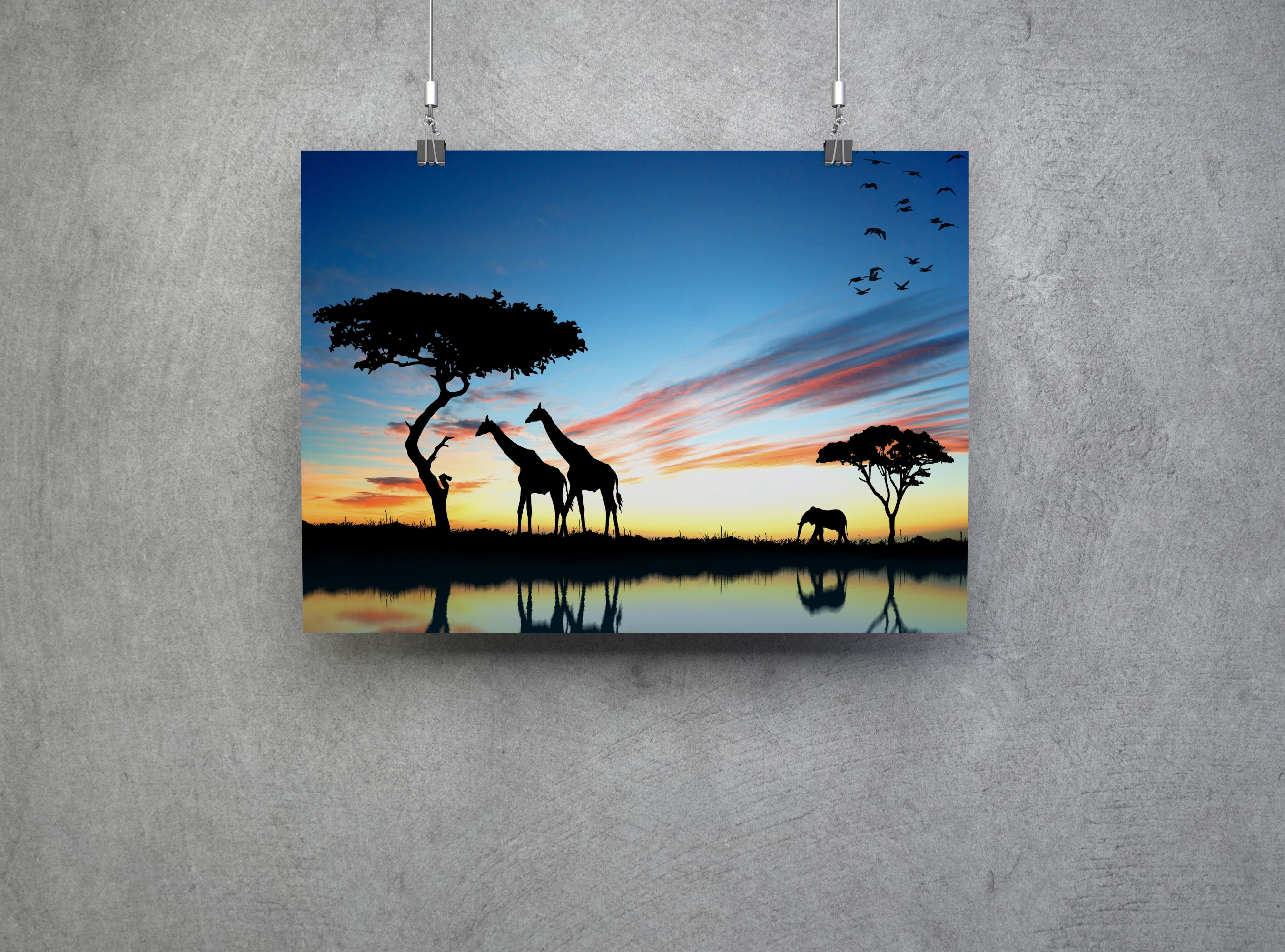 Giraffe Silhouettes African Sunset Landscape Wall Art